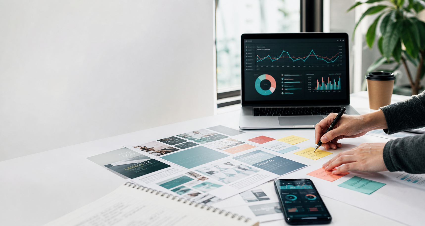 Marketing campaign workspace with analytics dashboards and planning notes